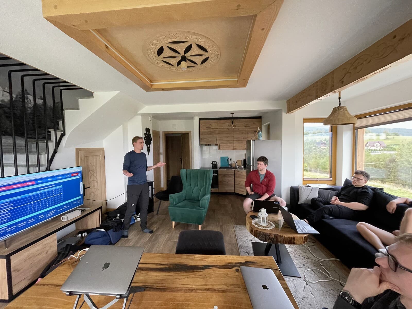 Working session at an offsite — reviewing metrics on the big screen