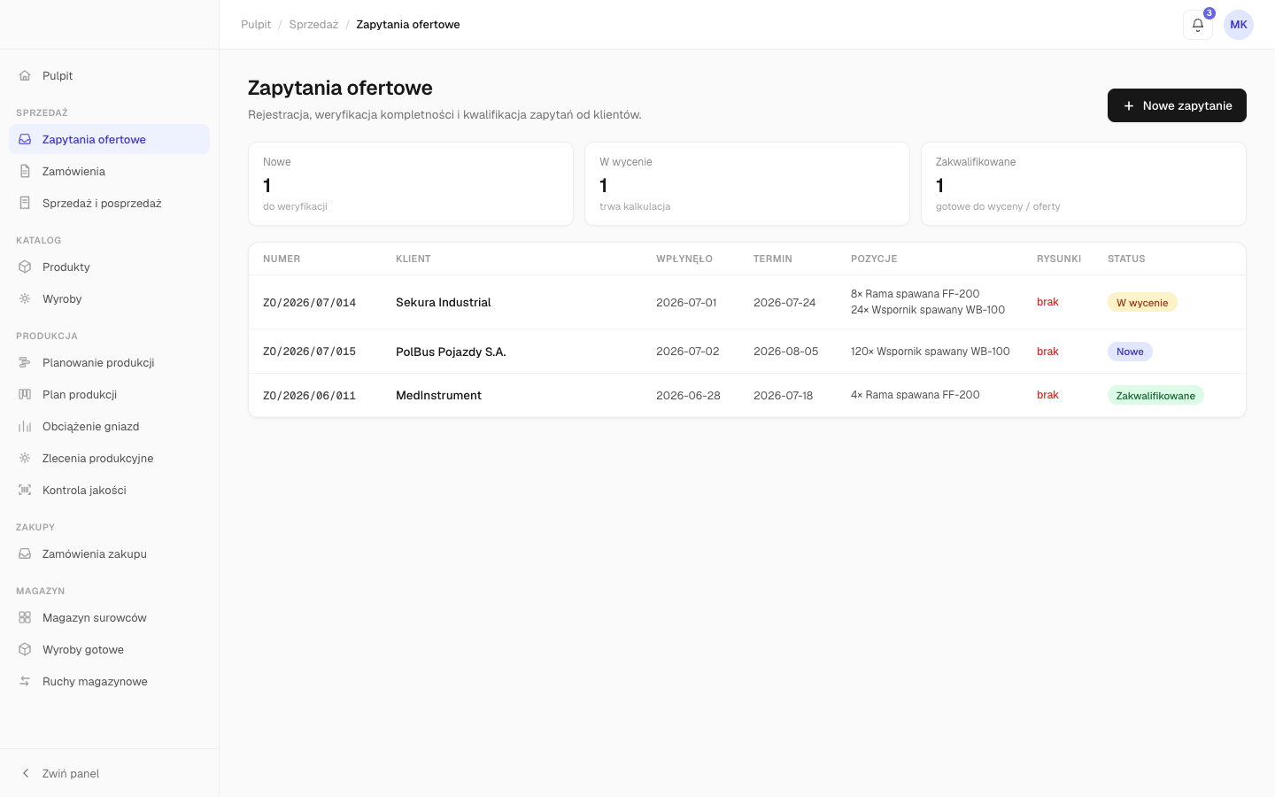 Every RFQ in one place — logged, qualified and status-tracked, instead of quotes scattered across email, portals and people.