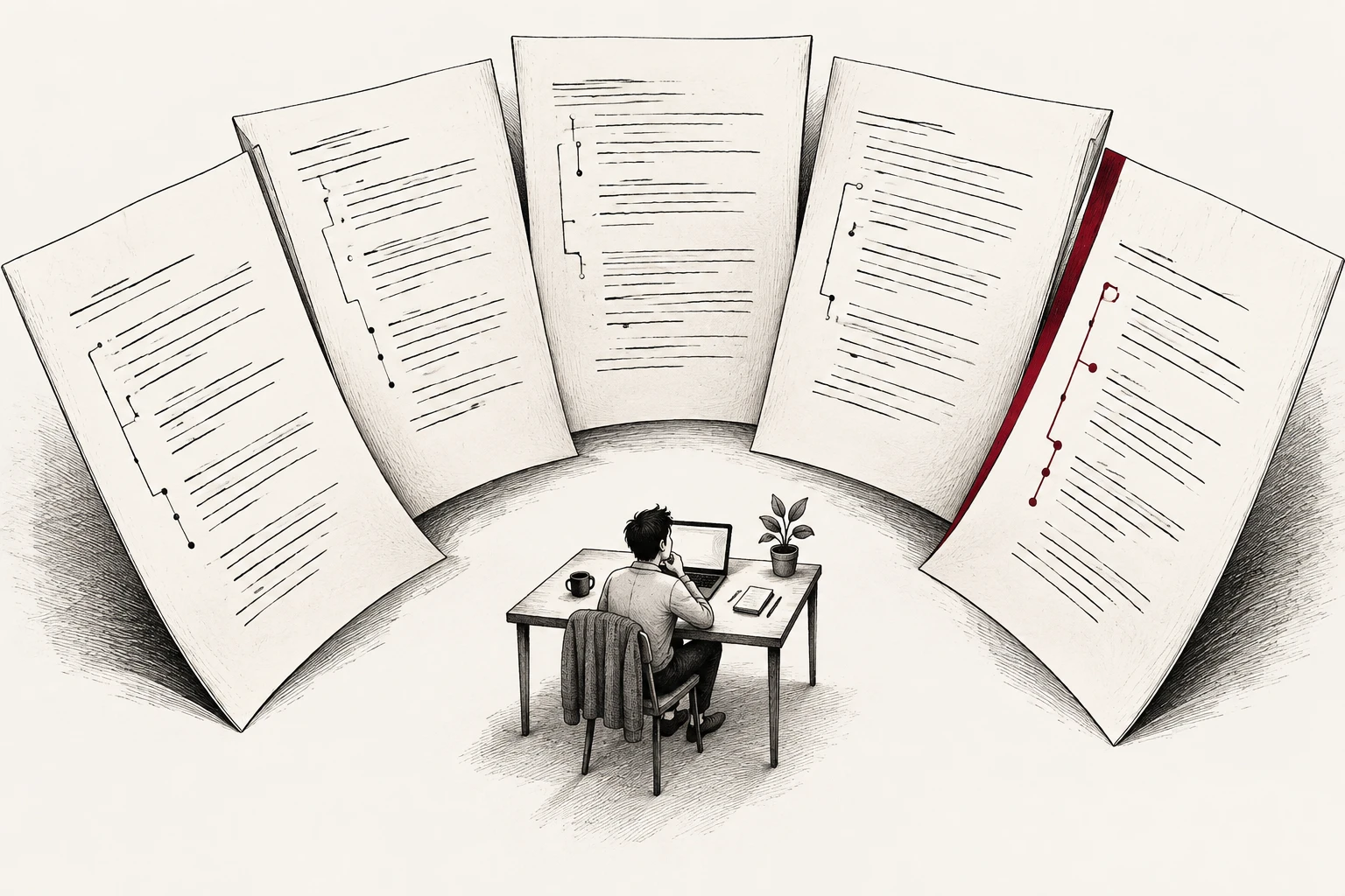 One reviewer at a desk faces oversized code reviews, fanned out around them.