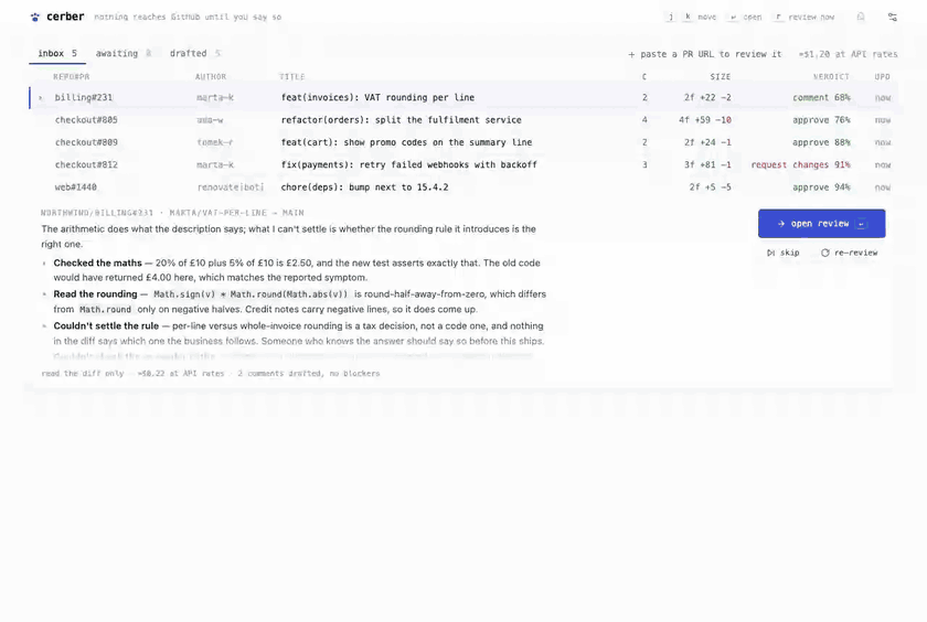 Cerber: open a drafted review, challenge a finding, edit the comments, and send the review to GitHub.